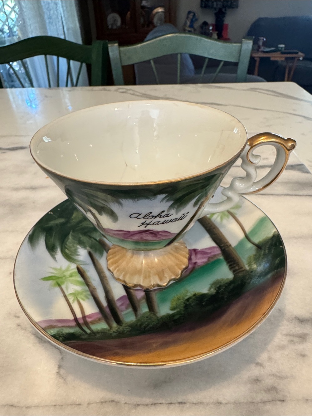Aloha Hawaii Hand-Painted Palm Tree Teacup and Saucer - White & Green